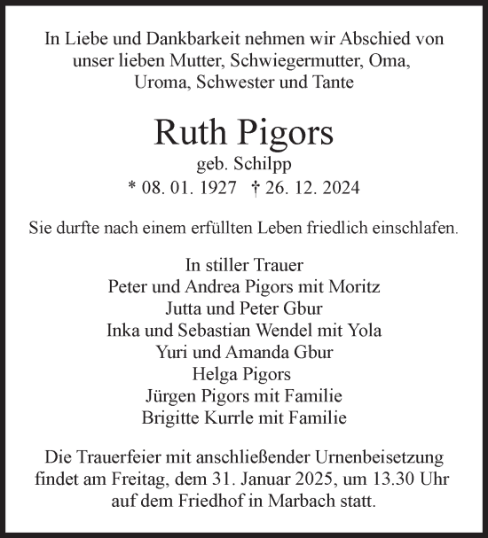 Traueranzeige von Ruth Pigors von Marbacher Zeitung