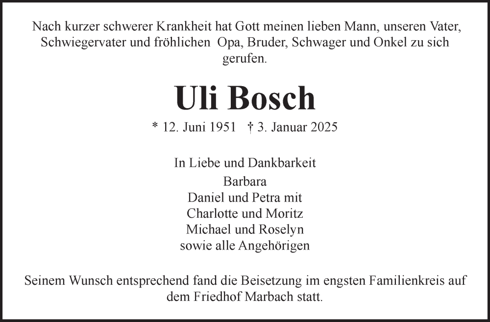 Traueranzeige für Uli Bosch vom 24.01.2025 aus Marbacher Zeitung
