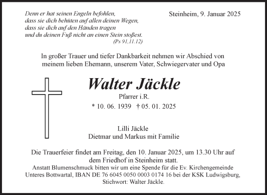 Traueranzeige von Walter Jäckle von Marbacher Zeitung