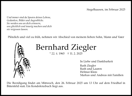 Traueranzeige von Bernhard Ziegler von Marbacher Zeitung