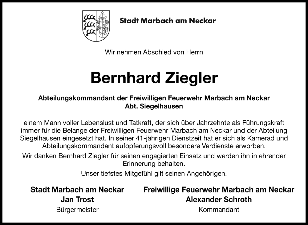  Traueranzeige für Bernhard Ziegler vom 21.02.2025 aus Marbacher Zeitung