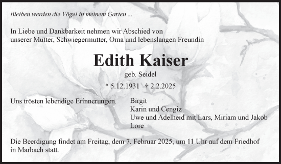 Traueranzeige von Edith Kaiser von Marbacher Zeitung