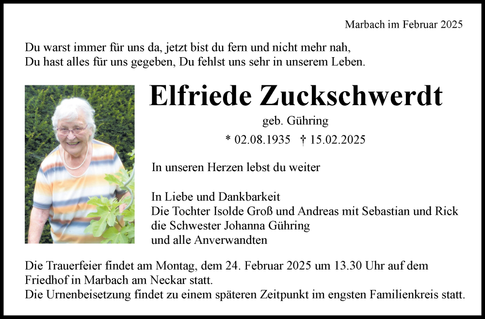  Traueranzeige für Elfriede Zuckschwerdt vom 20.02.2025 aus Marbacher Zeitung