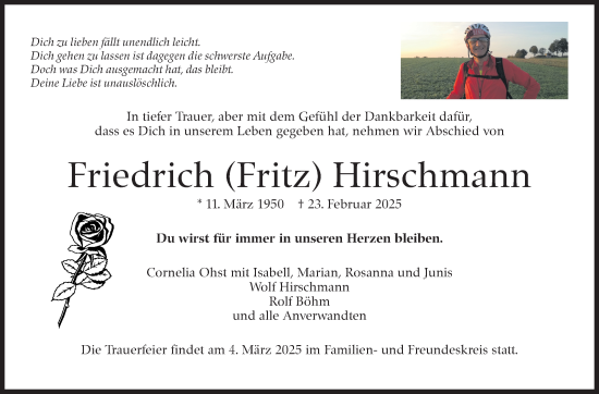 Traueranzeige von Friedrich Hirschmann von Marbacher Zeitung