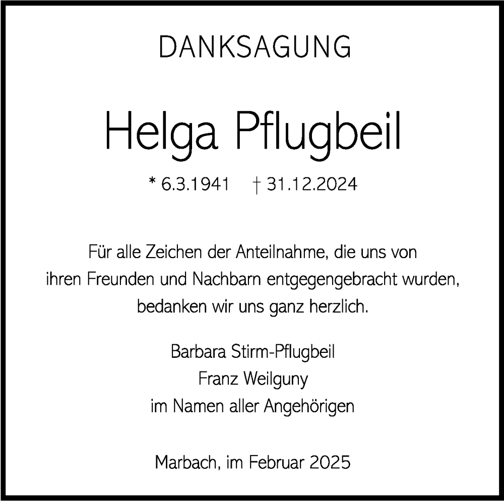  Traueranzeige für Helga Pflugbeil vom 07.02.2025 aus Marbacher Zeitung