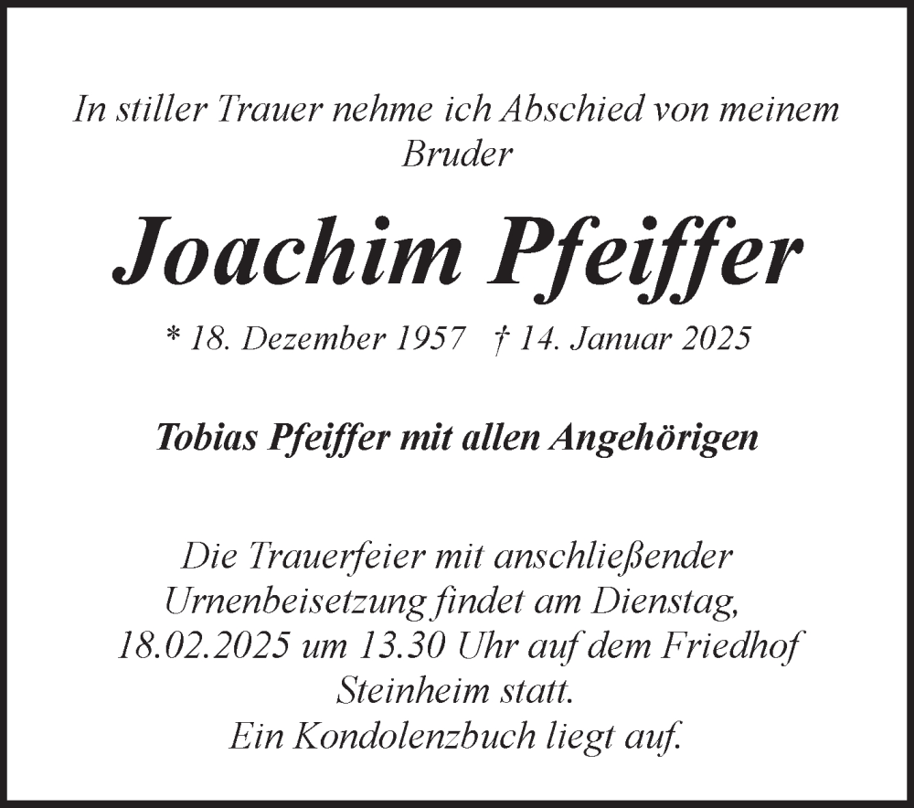  Traueranzeige für Joachim Pfeiffer vom 13.02.2025 aus Marbacher Zeitung