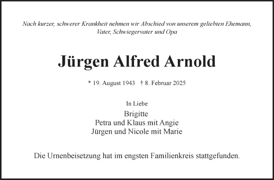 Traueranzeige von Jürgen Arnold von Marbacher Zeitung