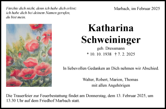 Traueranzeige von Katharina Schweininger von Marbacher Zeitung