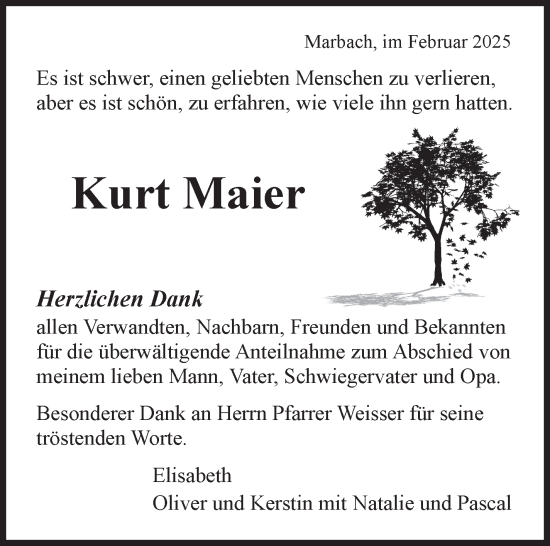 Traueranzeige von Kurt Maier von Marbacher Zeitung
