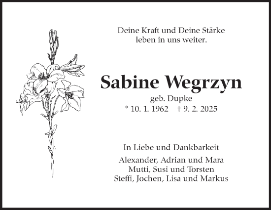 Traueranzeige von Sabine Wegrzyn von Marbacher Zeitung