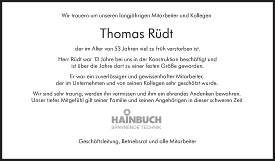 Traueranzeige von Thomas Rüdt von Marbacher Zeitung