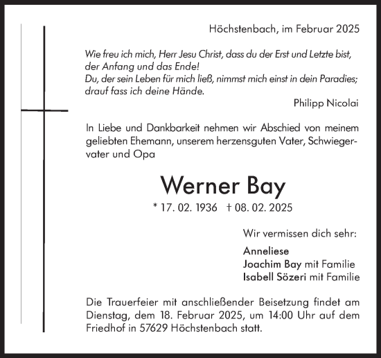 Traueranzeige von Werner Bay von Marbacher Zeitung