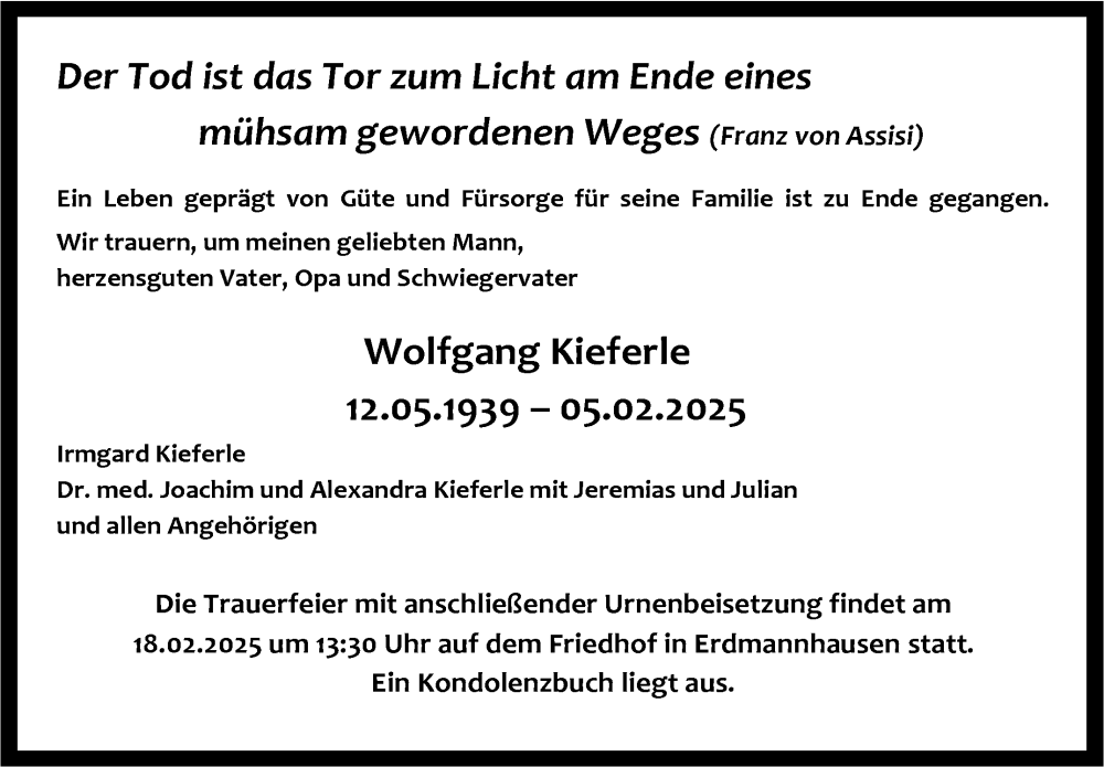  Traueranzeige für Wolfgang Kieferle vom 14.02.2025 aus Marbacher Zeitung