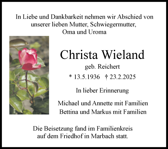 Traueranzeige von Christa Wieland von Marbacher Zeitung