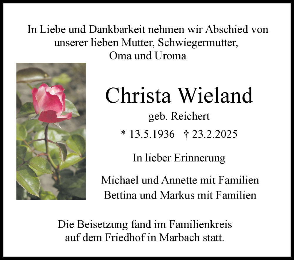  Traueranzeige für Christa Wieland vom 06.03.2025 aus Marbacher Zeitung