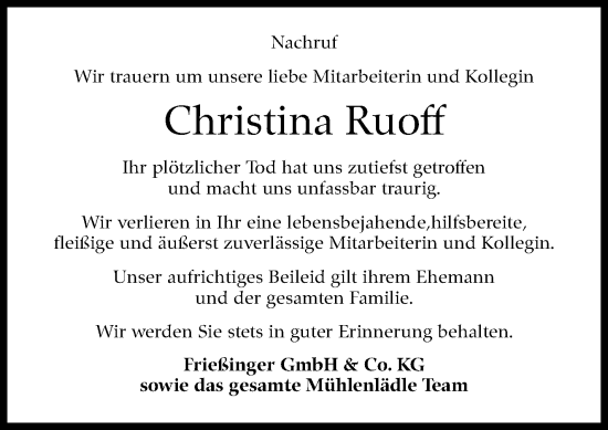 Traueranzeige von Christina Ruoff von Marbacher Zeitung