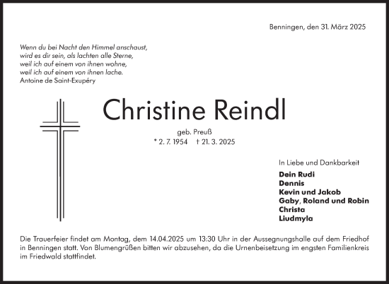 Traueranzeige von Christine Reindl von Marbacher Zeitung