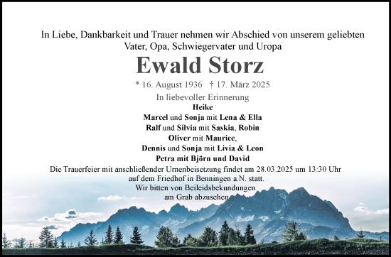 Traueranzeige von Ewald Storz von Marbacher Zeitung