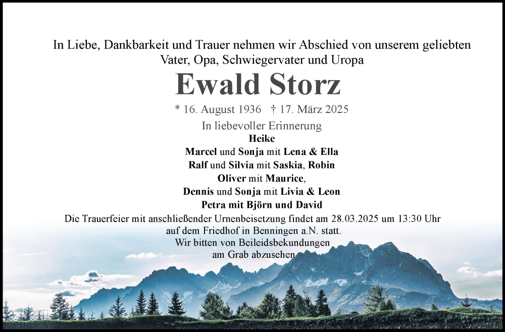  Traueranzeige für Ewald Storz vom 26.03.2025 aus Marbacher Zeitung
