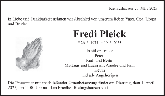 Traueranzeige von Fredi Pleick von Marbacher Zeitung