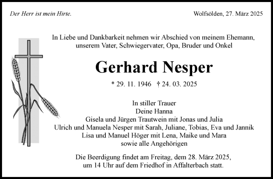 Traueranzeige von Gerhard Nesper von Marbacher Zeitung