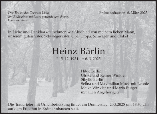Traueranzeige von Heinz Bärlin von Marbacher Zeitung