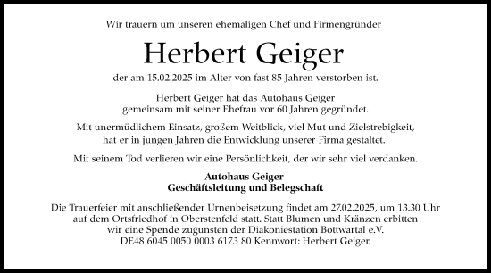 Traueranzeige von Herbert Geiger von Marbacher Zeitung