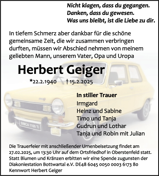 Traueranzeige von Herbert Geiger von Marbacher Zeitung