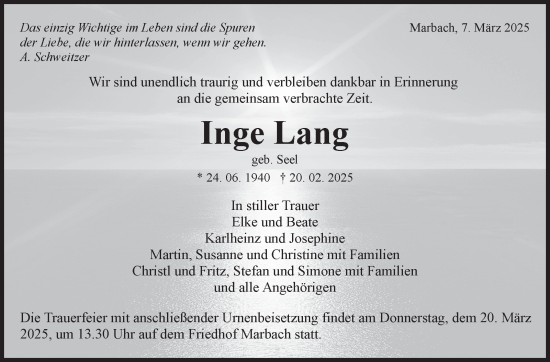 Traueranzeige von Inge Lang von Marbacher Zeitung