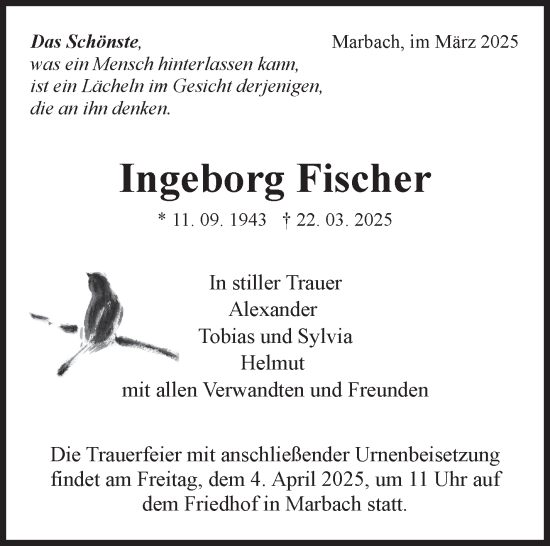 Traueranzeige von Ingeborg Fischer von Marbacher Zeitung