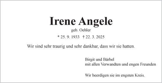 Traueranzeige von Irene Angele von Marbacher Zeitung