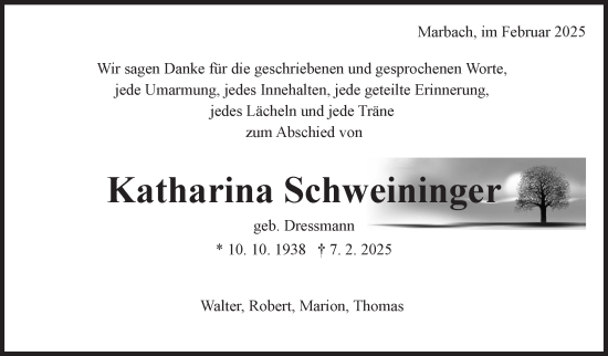 Traueranzeige von Katharina Schweininger von Marbacher Zeitung