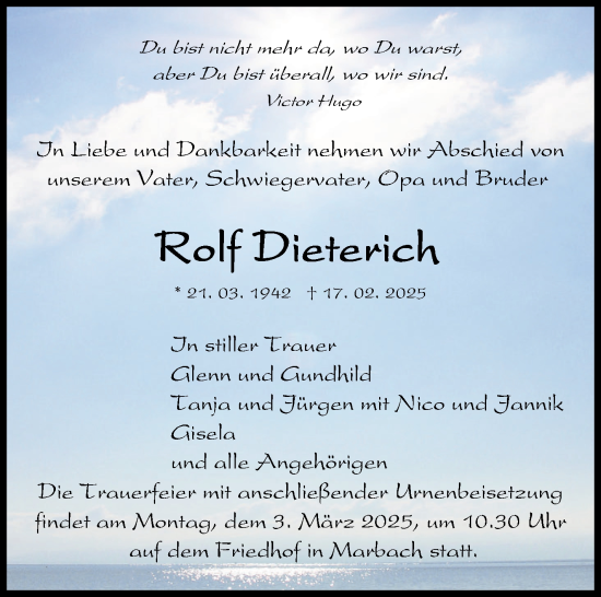 Traueranzeige von Rolf Dieterich von Marbacher Zeitung