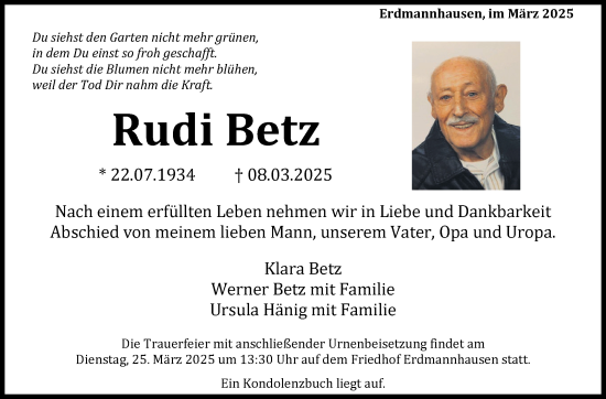 Traueranzeige von Rudi Betz von Marbacher Zeitung