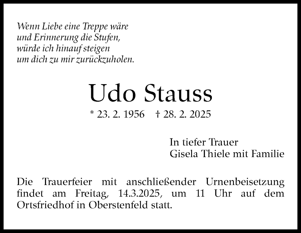  Traueranzeige für Udo Stauss vom 12.03.2025 aus Marbacher Zeitung