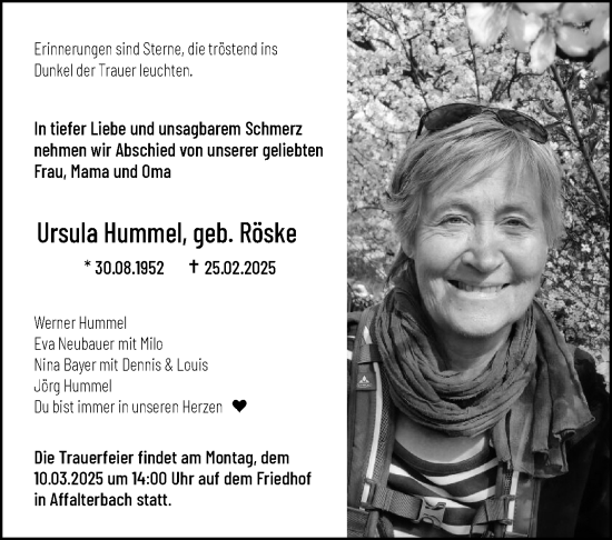 Traueranzeige von Ursula Hummel von Marbacher Zeitung
