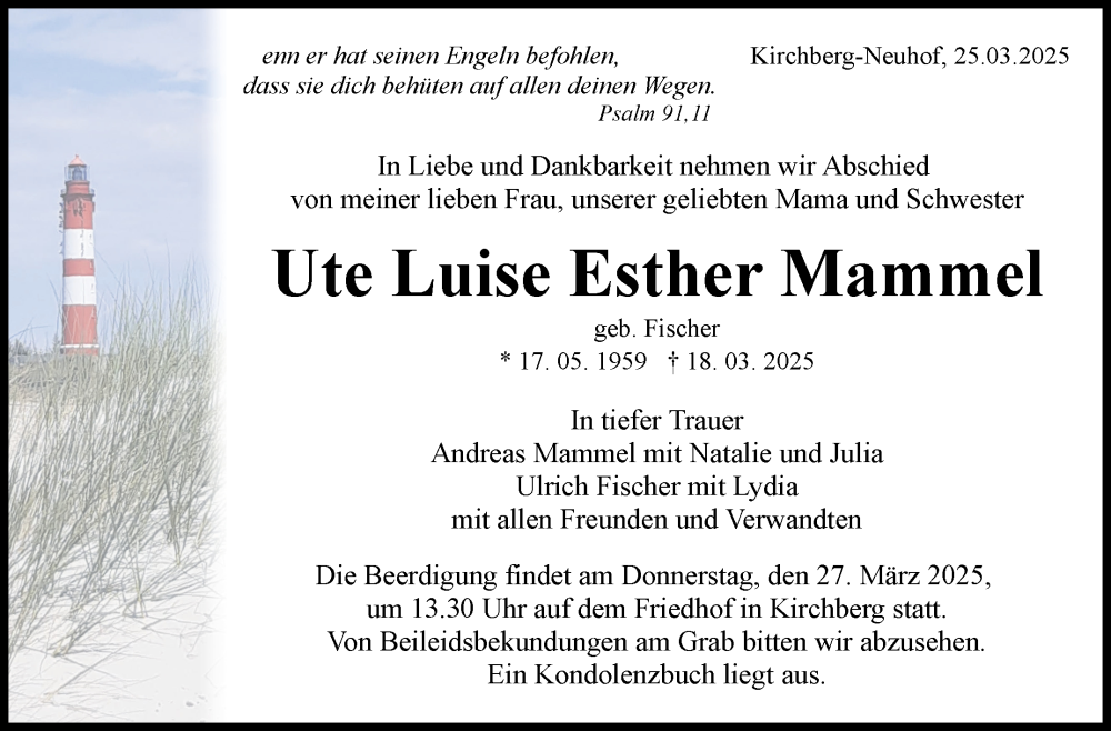  Traueranzeige für Ute Luise Esther Mammel vom 25.03.2025 aus Marbacher Zeitung