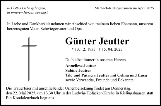 Traueranzeige von Günter Jeutter von Marbacher Zeitung