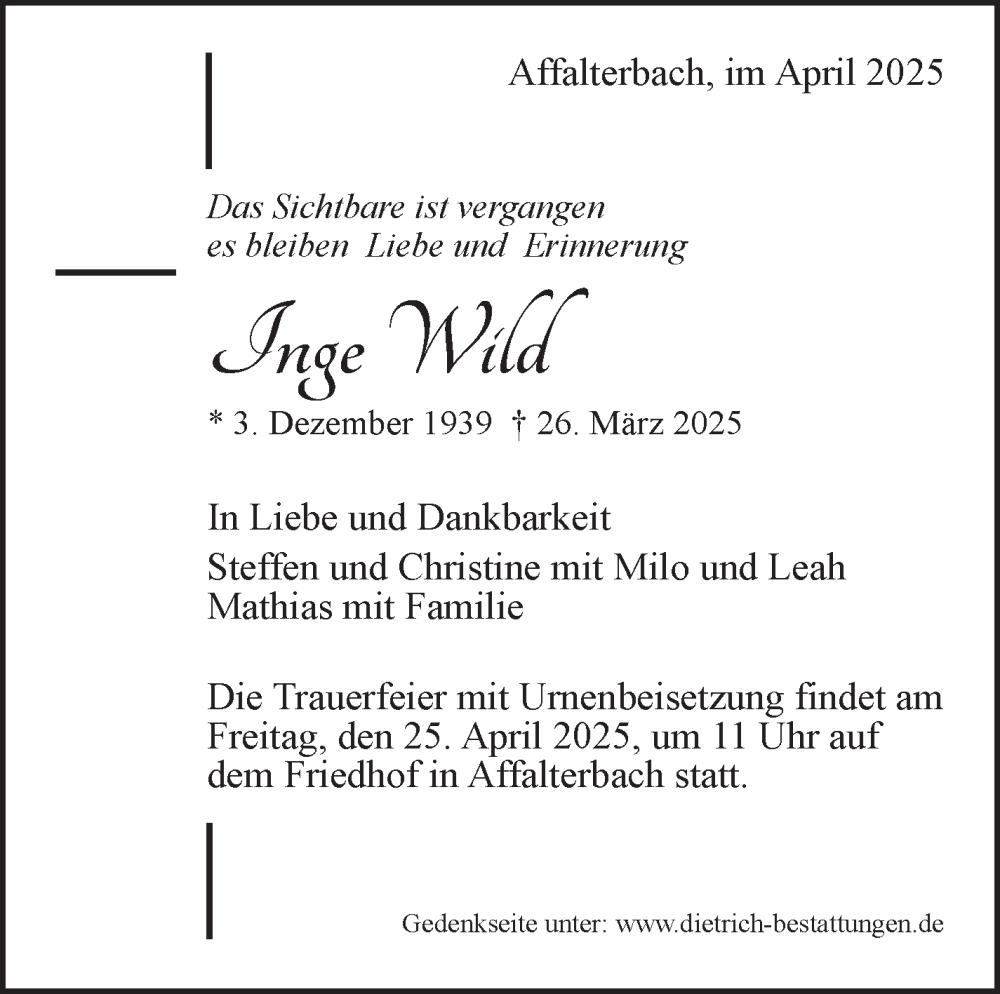  Traueranzeige für Inge Wild vom 17.04.2025 aus Marbacher Zeitung