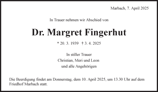 Traueranzeige von Margret Fingerhut von Marbacher Zeitung