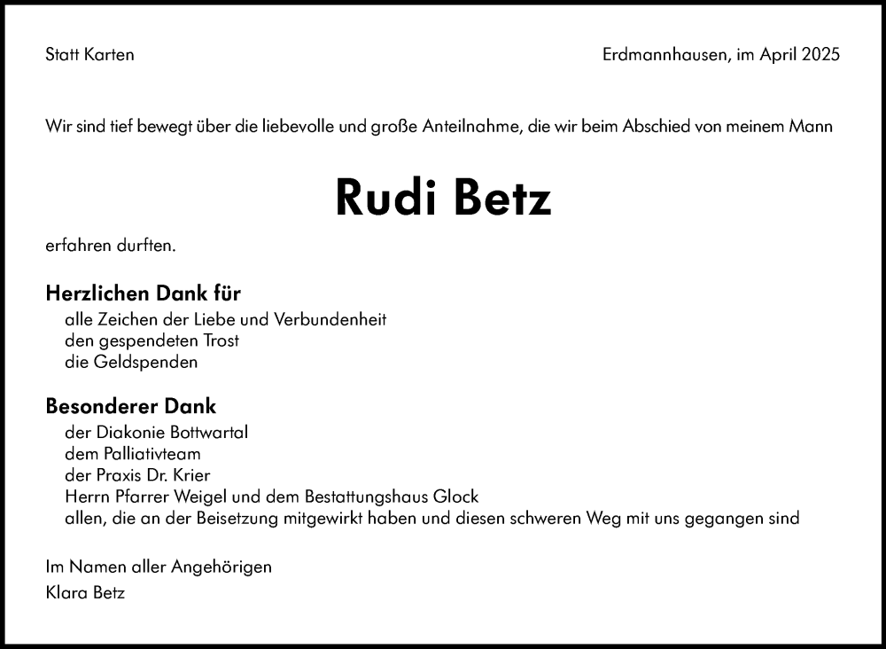  Traueranzeige für Rudi Betz vom 11.04.2025 aus Marbacher Zeitung