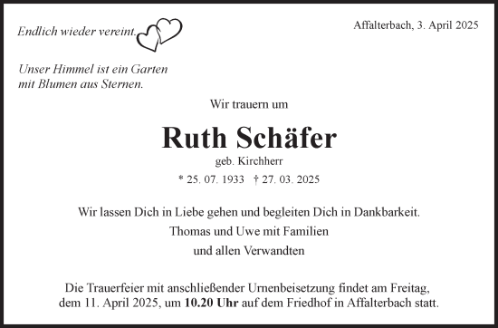 Traueranzeige von Ruth Schäfer von Marbacher Zeitung