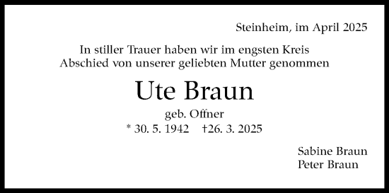 Traueranzeige von Ute Braun von Marbacher Zeitung
