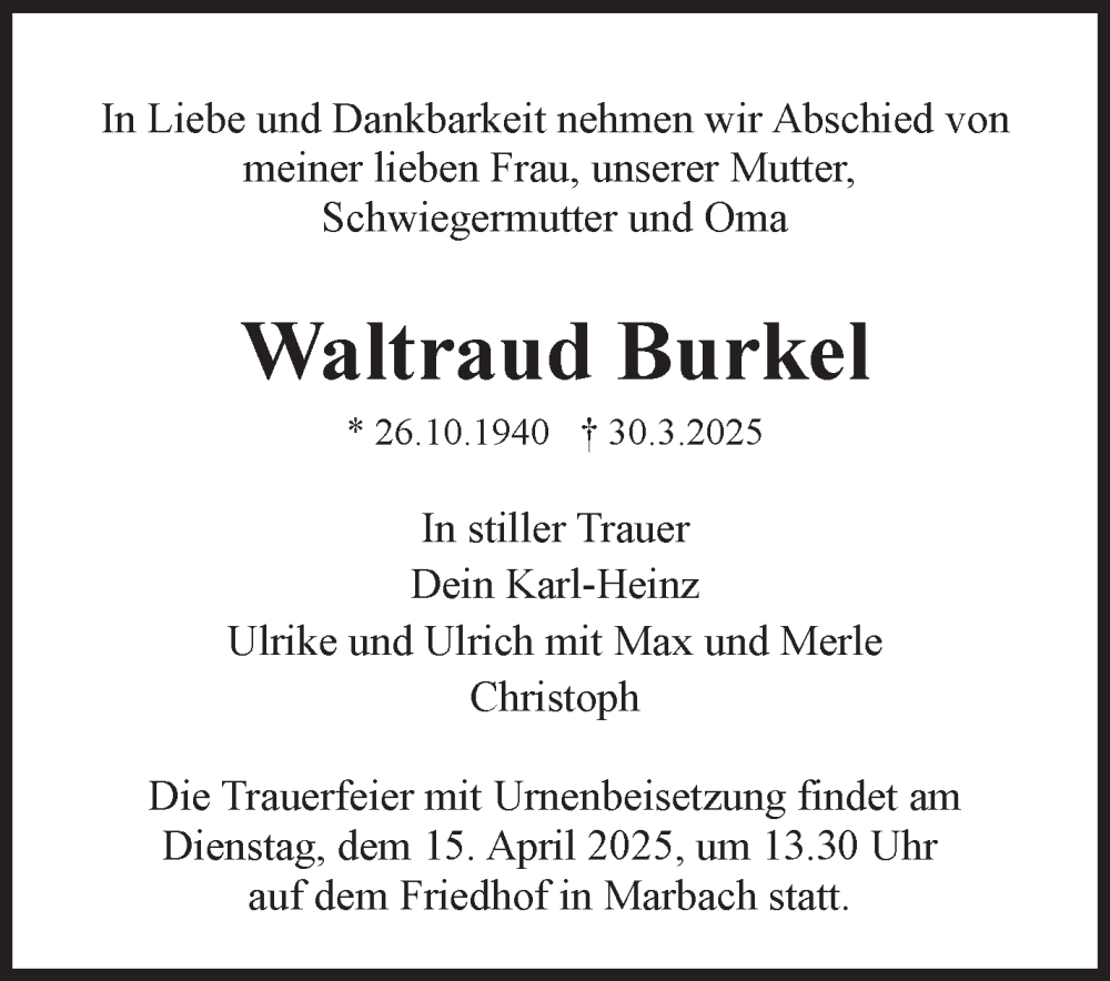  Traueranzeige für Waltraud Burkel vom 08.04.2025 aus Marbacher Zeitung