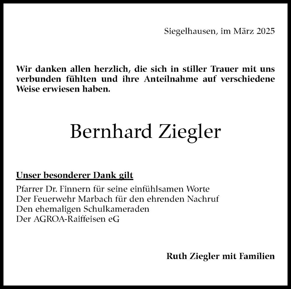  Traueranzeige für Bernhard Ziegler vom 21.03.2025 aus Marbacher Zeitung