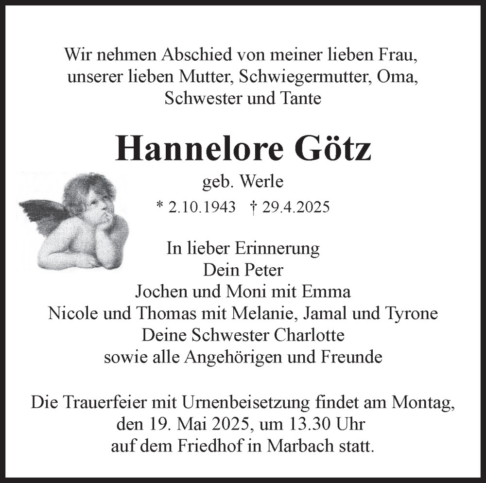 Traueranzeige für Hannelore Götz vom 12.05.2025 aus Marbacher Zeitung