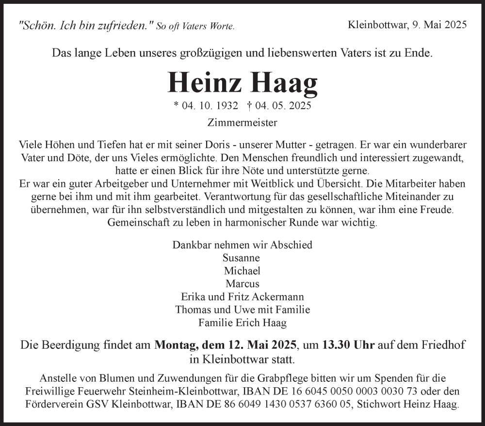  Traueranzeige für Heinz Haag vom 09.05.2025 aus Marbacher Zeitung