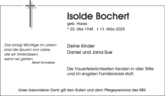 Traueranzeige von Isolde Bochert von Marbacher Zeitung