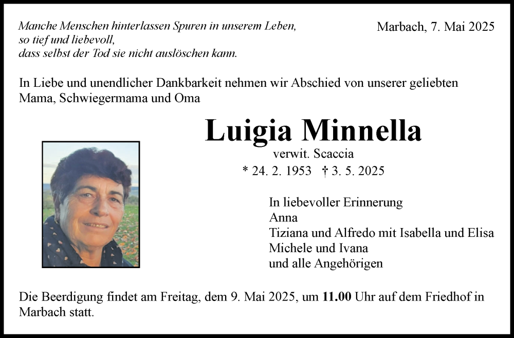  Traueranzeige für Luigia Minnella vom 07.05.2025 aus Marbacher Zeitung