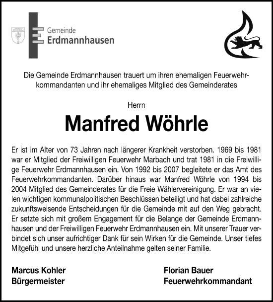 Traueranzeige von Manfred Wöhrle von Marbacher Zeitung